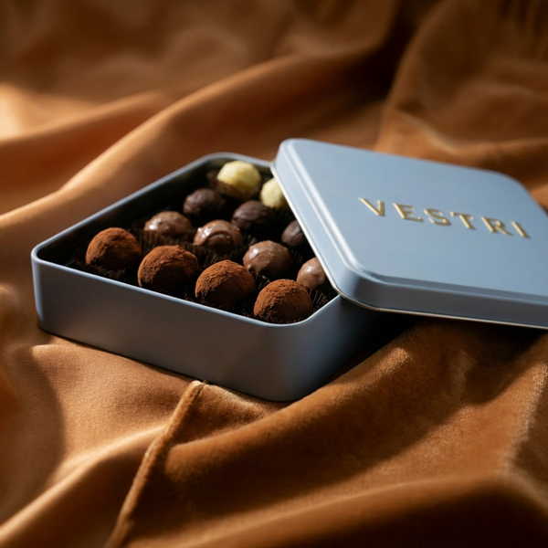 Vestri Perle di Toscana 190g në kuti metalike të hapur, me pralina artizanale italiane premium