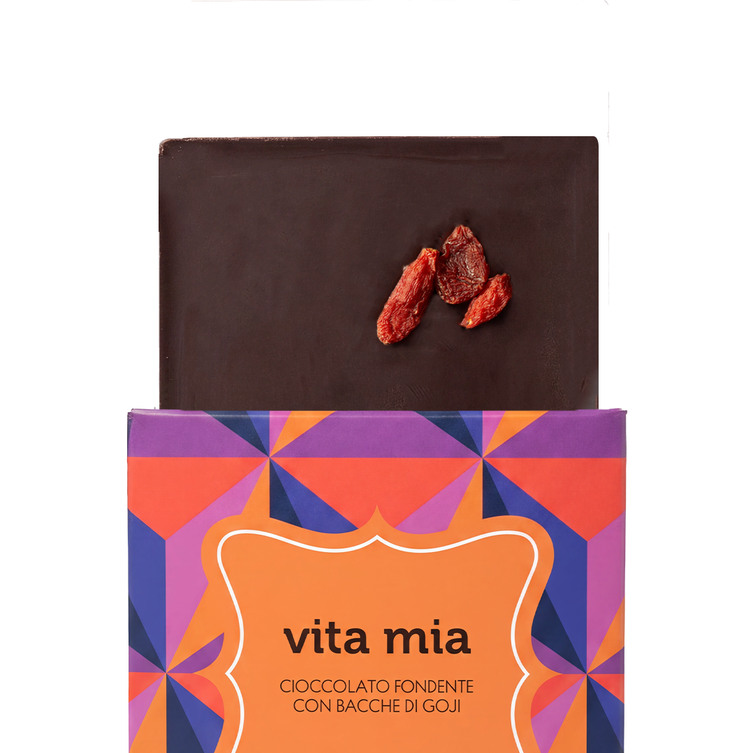 Çokollatë e zezë Vestri Vita Mia 50g me mana goji, paketim i hapur
